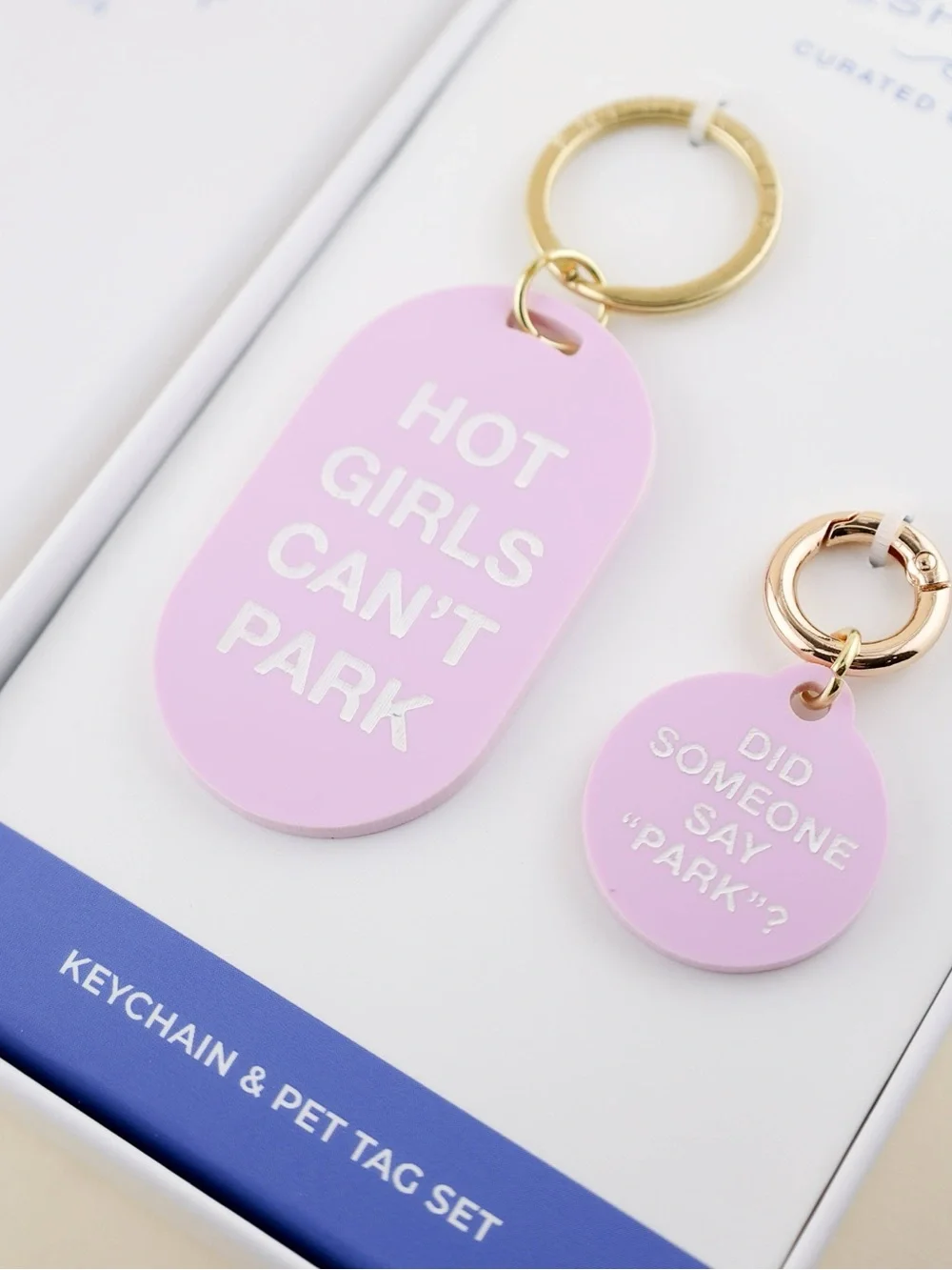 New in Box Pink 'Hot Girls Can't Park' Keychain & Dog Tag Set